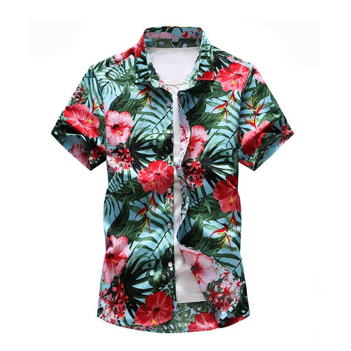 Short Sleeve Floral Print Red Shirt Tropical Seaside Hawaiian
