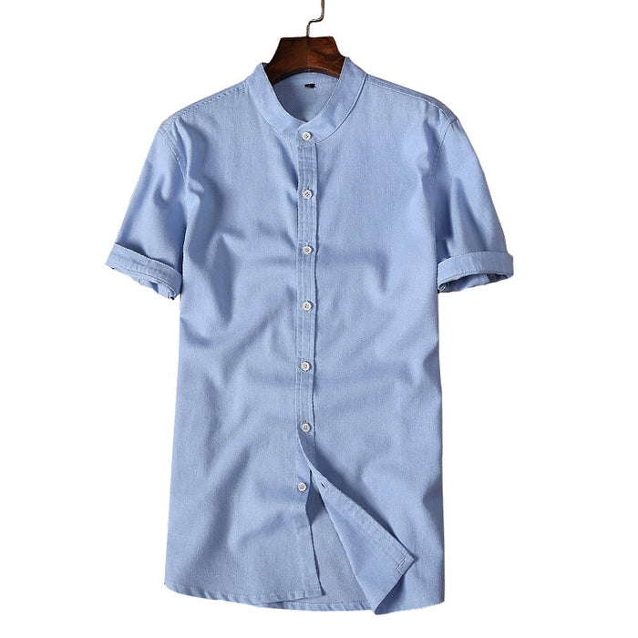 Fashion Mandarin Collar Slim Fit Short Sleeve White Cotton Linen Shirts
