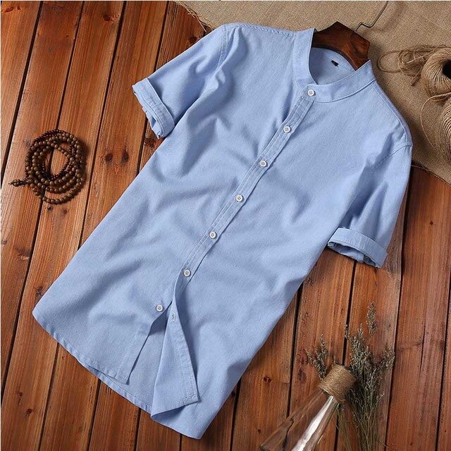 Fashion Mandarin Collar Slim Fit Short Sleeve White Cotton Linen Shirts