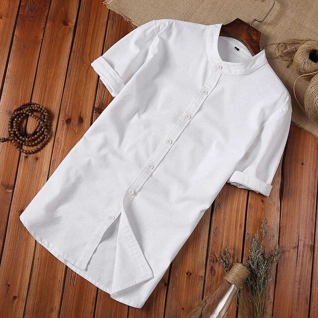 Fashion Mandarin Collar Slim Fit Short Sleeve White Cotton Linen Shirts