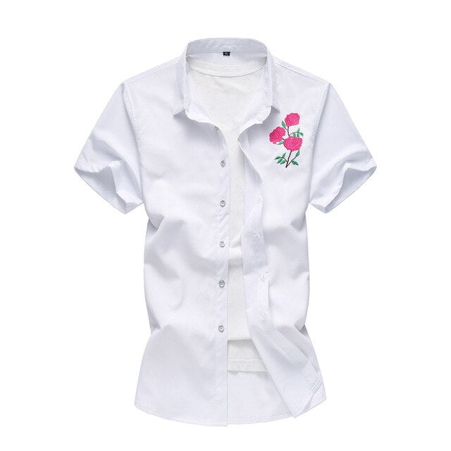 Rose Embroidery  Short Sleeve Casual Shirt