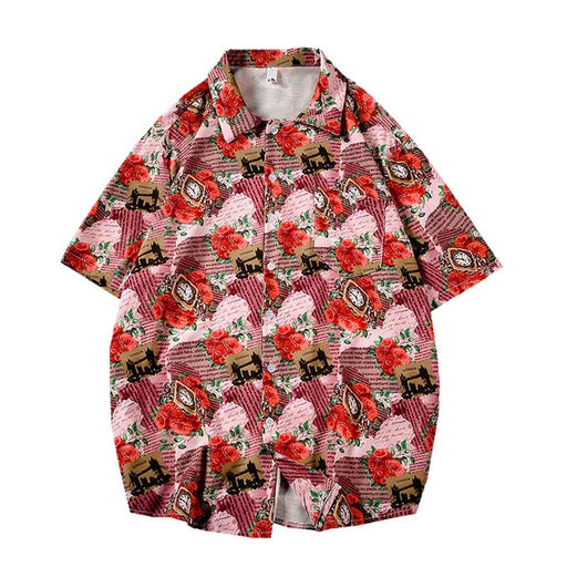Short Sleeve Hawaii Shirt Loose Beach Floral Red