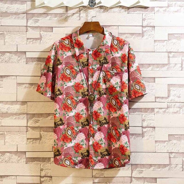 Short Sleeve Hawaii Shirt Loose Beach Floral Red